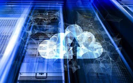 Intelligent building big data exchange storage online futuristic business concept future technology. cloud storage hologram on top of plexus visualization of a data array against the background of a server in a blur, a stand of a modern data centerの写真素材