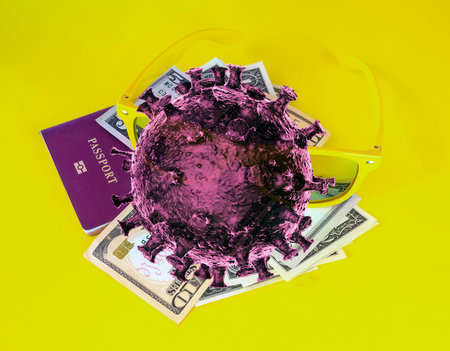 red 3D coronavirus on top of glasses, money and passport. The concept of the collapse of tourism and...