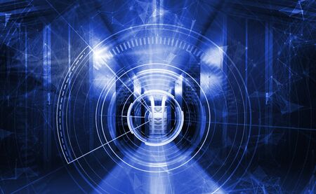 3d rendering Abstract technology big data neon blue visualization 3d rendering. data flows in the server room of a modern data center with a HUD interface of information technologyの写真素材