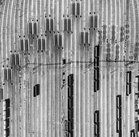 large network of railway tracks of a huge marshalling yard. Smooth transition view of the metropolis. Yekaterinburg, Russia.の写真素材