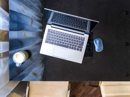 top view white table office working with copy space for text design. minimalist workspace flat lay. mock up tabletop workplace designの写真素材