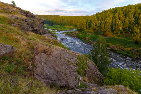 One of the popular tourist places near Yekaterinburg, river Iset threshold revun, a close-up view of the whirlpools and the riverの写真素材