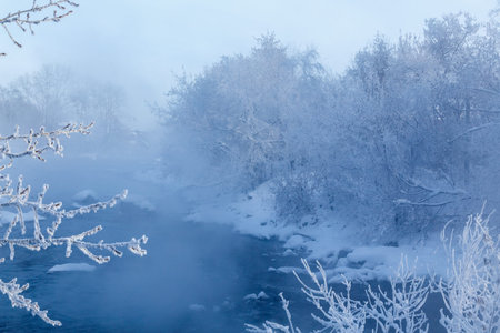 Winter snow forest river landscape. Forest river in winter. Winter forest river flow. Winter snow...