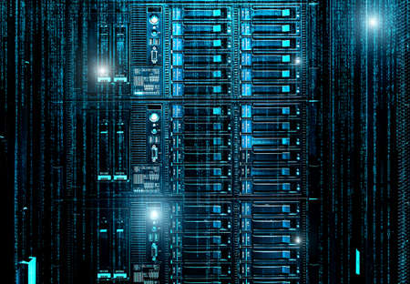 3D render Blade server in rack cluster hard drives storage tapes in internet data center room motion binary.の写真素材