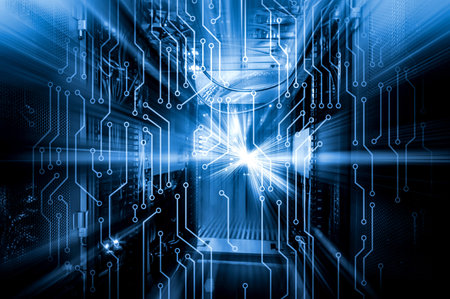 3D render inside the supercomputer, the concept of computing, the motherboard spike, bright flashes...