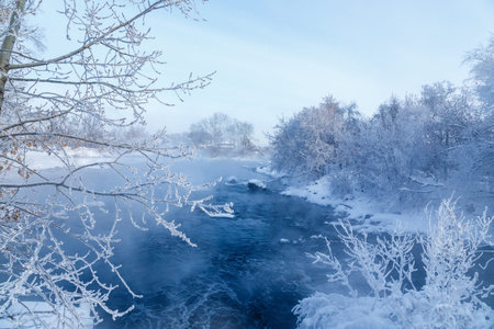 landscape. Morning m on river. Severe frost. Evaporation from water.