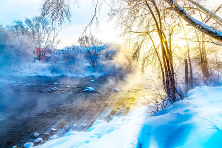 Winter landscape. The sun shines in the photo camera. the trees and grass frost. water in river heavy fogの写真素材