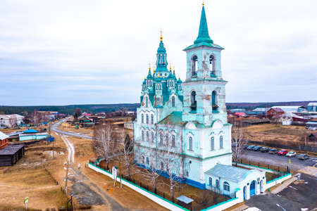 Aerial view on Transfiguration Church. The village of Nizhnyaya Sinyachikha. Sverdlovsk region. Russiaの写真素材