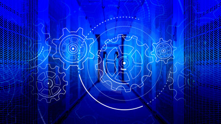 3D render digital control and computing system in data center, HUD hologram on top of data center...