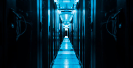 3D render symmetrical room of the data center with rows of supercomputers , the concept of...
