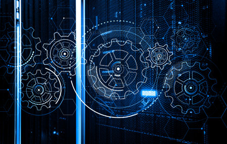 3D render digital control and computing system in data center, HUD hologram on top of data center supercomputersの写真素材