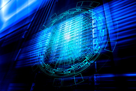 3D render hologram against the background of a supercomputer cluster, concept of information technology data center.の写真素材