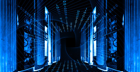3D render symmetrical room of the data center with rows of supercomputers , concept of information and computing technologies big dataの写真素材