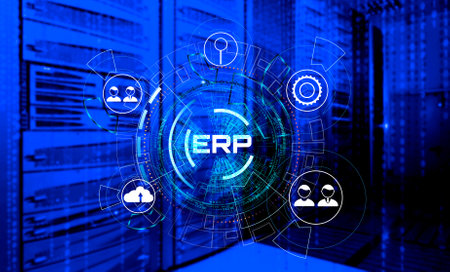 3D render HUD interface is an ERP system concept with a holographic interface on the background of data center computers. concept of information technology and business automationの写真素材