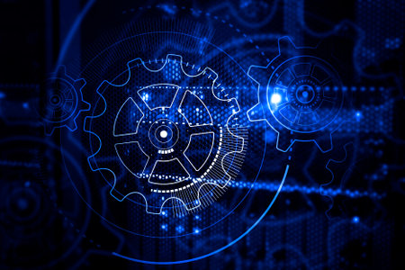 3D render digital control and computing system in data center, HUD hologram on top of data center supercomputersの写真素材