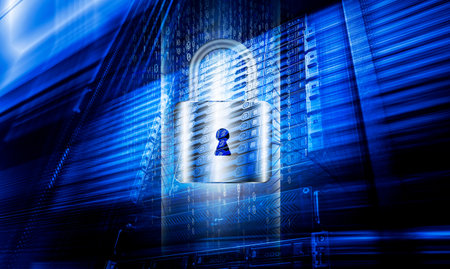 3D render Firewall activated on server room data center . concept of information protection, lock on the background of supercomputer cluster.の写真素材