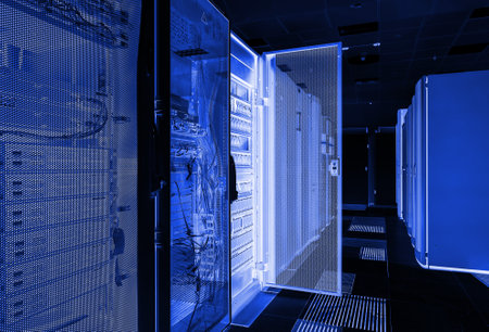 3D render Network and internet communication technology concept, data center interior, server racks with telecommunication equipment in server room,の写真素材