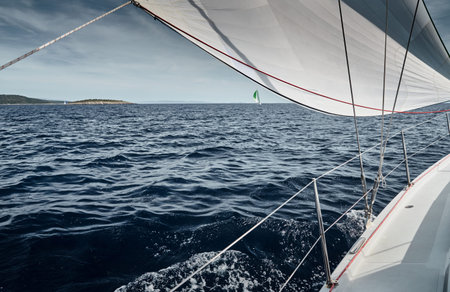 The sailboat goes on sails, a view of the sea and other sailboats through a sail and ropes
