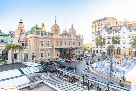Monaco, Monte-Carlo, 25 December 2019: The square Casino Monte-Carlo at sunset, white Christmas...