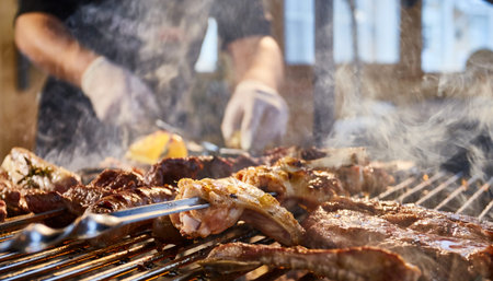 The meat is pickled on a lattice grill, ribs spread, a stake, Sausages, edges, chicken, naked flame,...