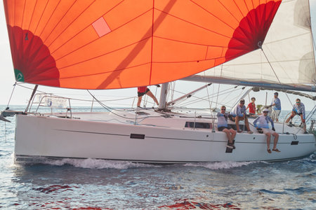 Croatia, Mediterranean Sea, 18 September 2019: Sailboats compete in a sailing regatta, The team...