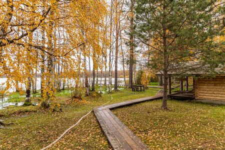 Forest lodge in backwoods, wild area in beautiful forest in Autumn, Valday national park, yellow leafs at the ground, Russia, golden trees, cloudy weatherの写真素材