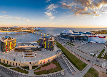 Russia, St.Petersburg, 06 May 2020: Aerial panoramic image of trade center Piterland at sunset, Park of 300 anniversaries and of Gazprom arena stadium, night illuminationのeditorial素材