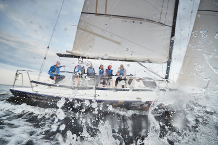 Russia, St.Petersburg, 05 September 2020: Participants of a sailing regatta on the sailboat, pull...