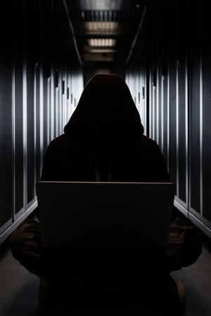 The silhouette of the hacker in a hood, the burglar sits with the computer among servers in the dark. Storage of data, cloudy services, system breaking, attack of hackersの写真素材