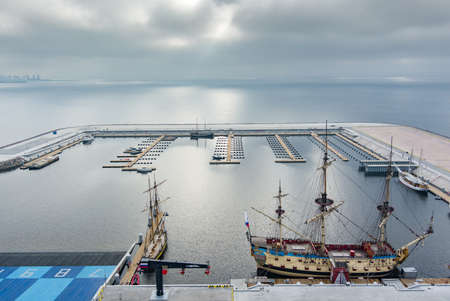 Russia, St. Petersburg, 14 October 2021: Aerial view of the new port Hercules with a replica of the old military frigate Poltava, the port next to the Lakhta center skyscraperのeditorial素材