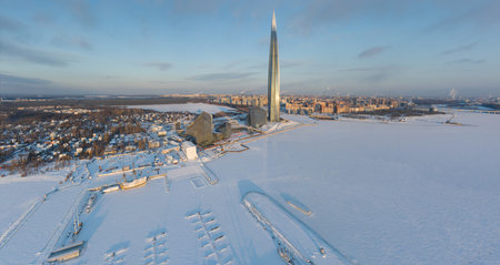 Russia, St. Petersburg, 08 January 2022: Lakhta center skyscraper in a winter frosty evening at...