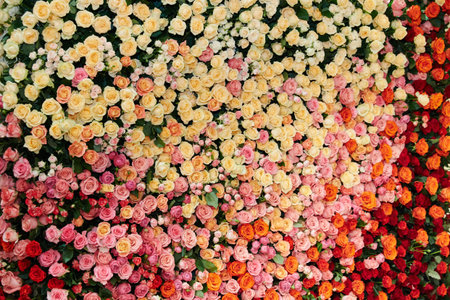 The Great Wall of roses of different colors and sizes, yellow roses, red, white, pink, maroon,...
