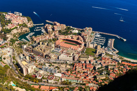 Aerial view of port Cap Dail at sunset, France, a lot of boats are moored in marina, view of city...