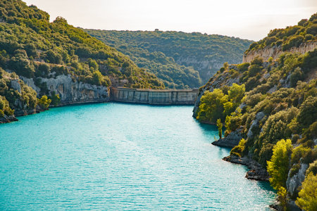 Power plant dam in France, Provence, lake Saint Cross, gorge Verdone, azure water of the lake and...