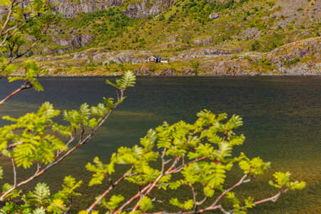 Norwegian seascape, rocky coast with dramatic skies, the sun breaks through the clouds, sheer cliffs, small islands illuminated by the sunの写真素材