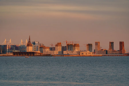 The residential complex under construction on the embankment of the Neva River on Vasilievsky island...