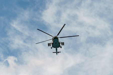 Russia, St. Petersburg, 28 July 2022: Military aircraft and helicopters of the air force fly on the city at the celebration of the Day of the Navy, amphibious and transport aircraft, anti-submarineのeditorial素材