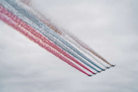 Russian Air Force planes paint the colors of the Russian flag in the sky on St. Petersburg during the celebration of the Day of the Navyの写真素材