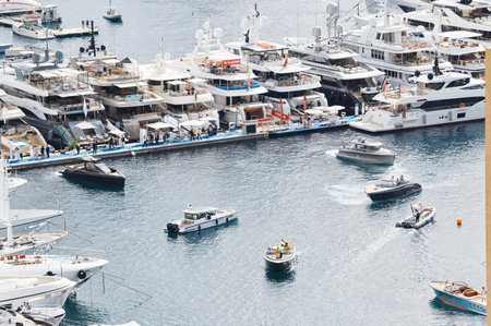 Monaco, Monte Carlo, 27 September 2022 - a lot of luxury yachts at the famous motorboat exhibition in the principality, the most expensive boats for the richest people around the world, yacht brokersのeditorial素材