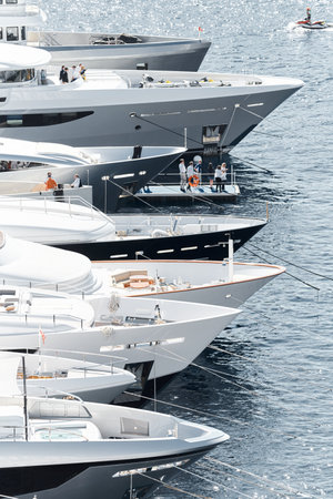 Monaco, Monte Carlo, 27 September 2022 - a lot of luxury yachts at the famous motorboat exhibition in the principality, the most expensive boats for the richest people around the world, yacht brokersのeditorial素材