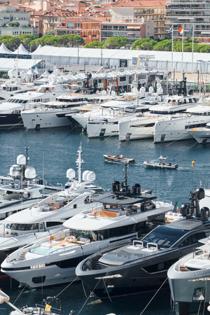 a lot of luxury yachts at the famous motorboat exhibition in the principality, the most expensive boats for the richest people around the world, yacht brokersのeditorial素材