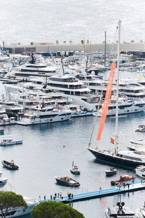 Monaco, Monte Carlo, 27 September 2022 - a lot of luxury yachts at the famous motorboat exhibition in the principality, the most expensive boats for the richest people around the world, yacht brokersのeditorial素材