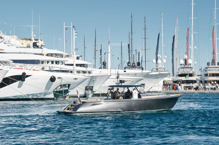Monaco, Monte Carlo, 28 September 2022 - Top view of the famous yacht show, exhibition of luxury mega yachts, the most expensive boats for the richest people around the world, yacht brokersのeditorial素材