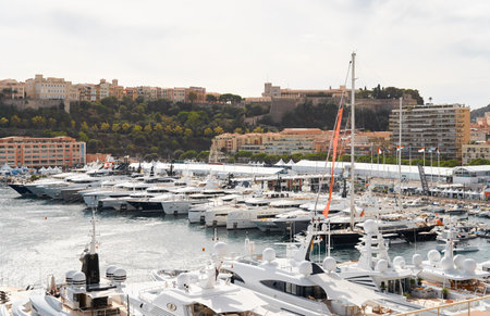 Monaco, Monte Carlo, 29 September 2022 - a lot of luxury yachts at the famous motorboat exhibition, the most expensive boats for the richest people, yacht brokers, boat trafficのeditorial素材