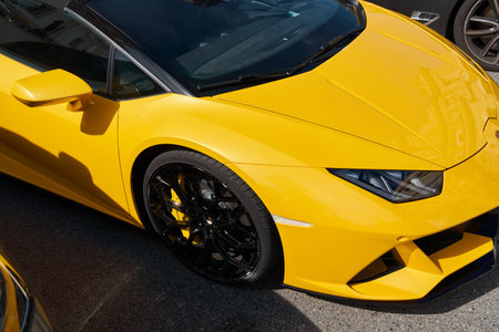 Monaco, Monte Carlo, 29 September 2022 - Close-up view of yellow sports car Lamborghini on streetのeditorial素材