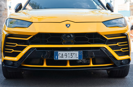 Monaco, Monte Carlo, 29 September 2022 - Close-up view of yellow sports car Lamborghini on street