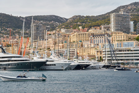 Monaco, Monte Carlo, 29 September 2022 - a lot of luxury yachts at the famous motorboat exhibition, the most expensive boats for the richest people, yacht brokers, boat trafficのeditorial素材