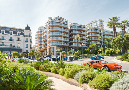 Monaco, Monte-Carlo, 29 September 2022 - Famous landmark on the streets of principality at sunny day, wealth life, expensive luxury cars, sightseeingのeditorial素材