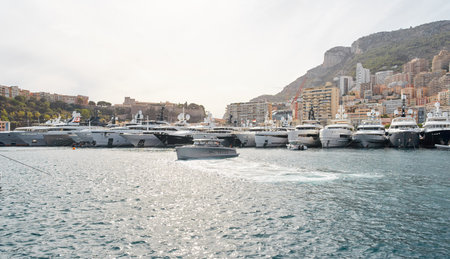 Monaco, Monte Carlo, 29 September 2022 - a lot of luxury yachts at the famous motorboat exhibition, the most expensive boats for the richest people, yacht brokers, boat trafficのeditorial素材