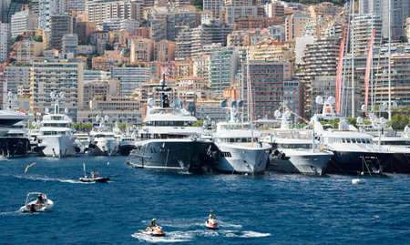 Monaco, Monte Carlo, 28 September 2022 - Top view of the famous yacht show, exhibition of luxury mega yachts, the most expensive boats for the richest people around the world, yacht brokersのeditorial素材